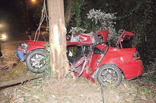 猛烈撞擊下車身呈“V”形扭曲夾緊樹干。圖自香港《明報》